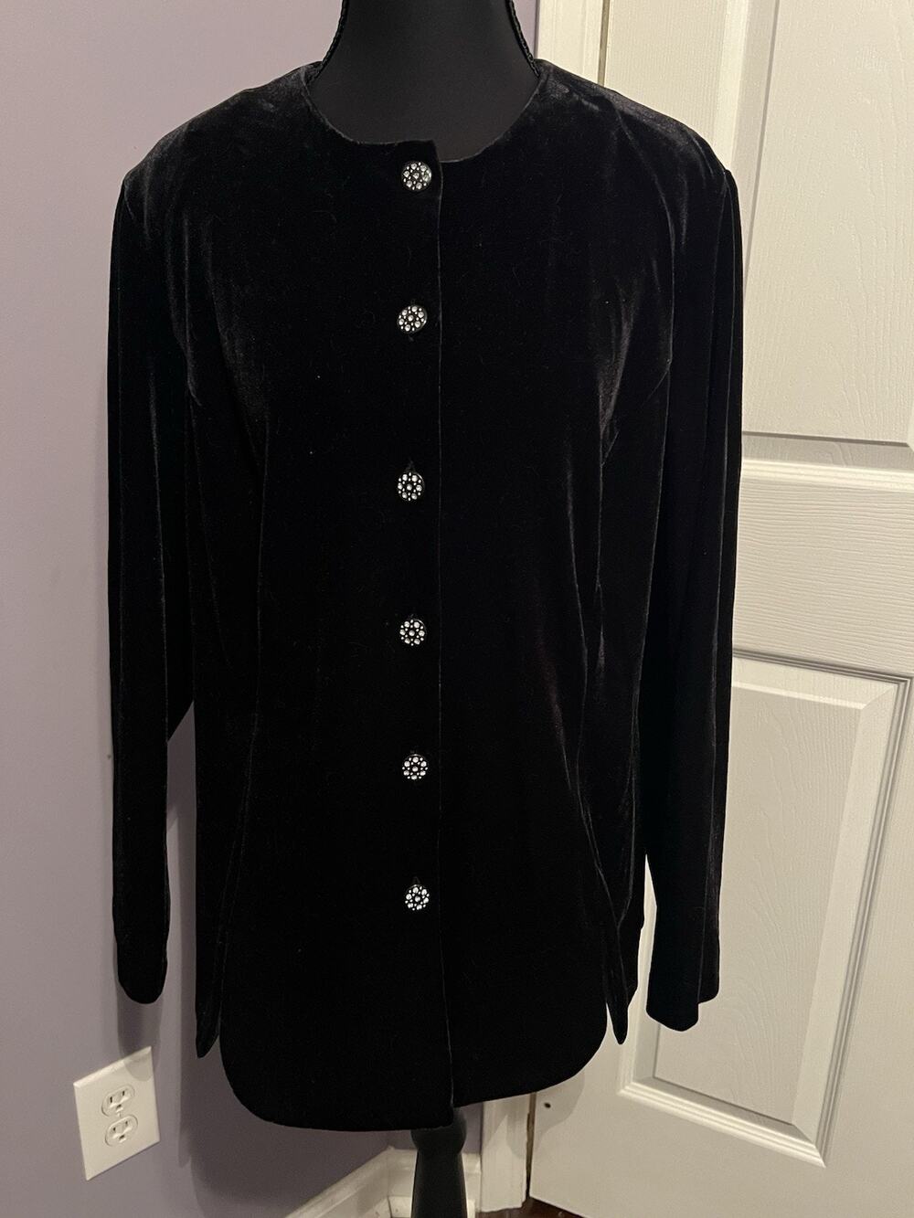 Vintage Ronnie Nicole by Ouida Velvet Velour Button Jacket Black Scallop Hem XL